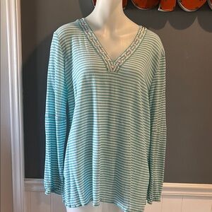 Michael Kors Striped V-Neck Top - Turquoise with Silver Rivets